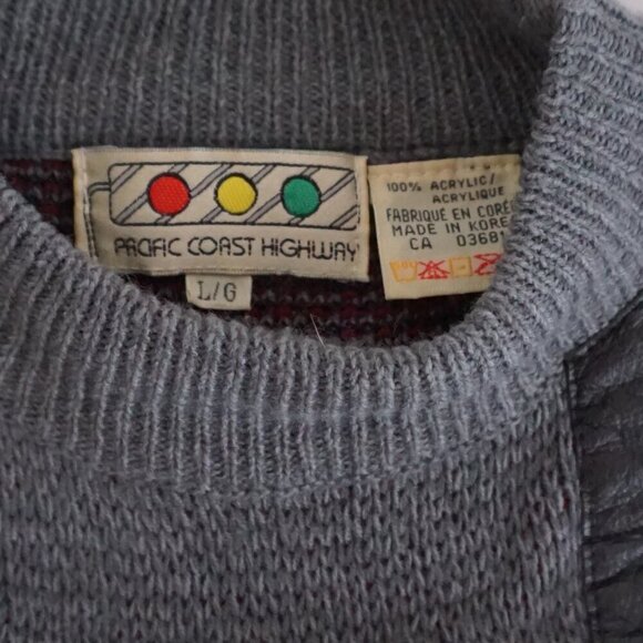 Vtg '80s Pacific Coast Gray Maroon Biggie Cosby Eclectic Knit Crewneck Sweater L - Picture 4 of 9